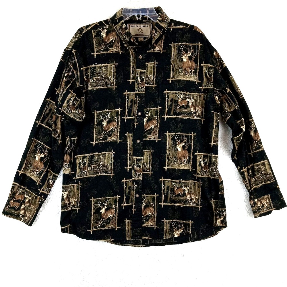 Bit & Bridal Outfitters Shirt Mens Black Button Down Deer Print Hunting Medium